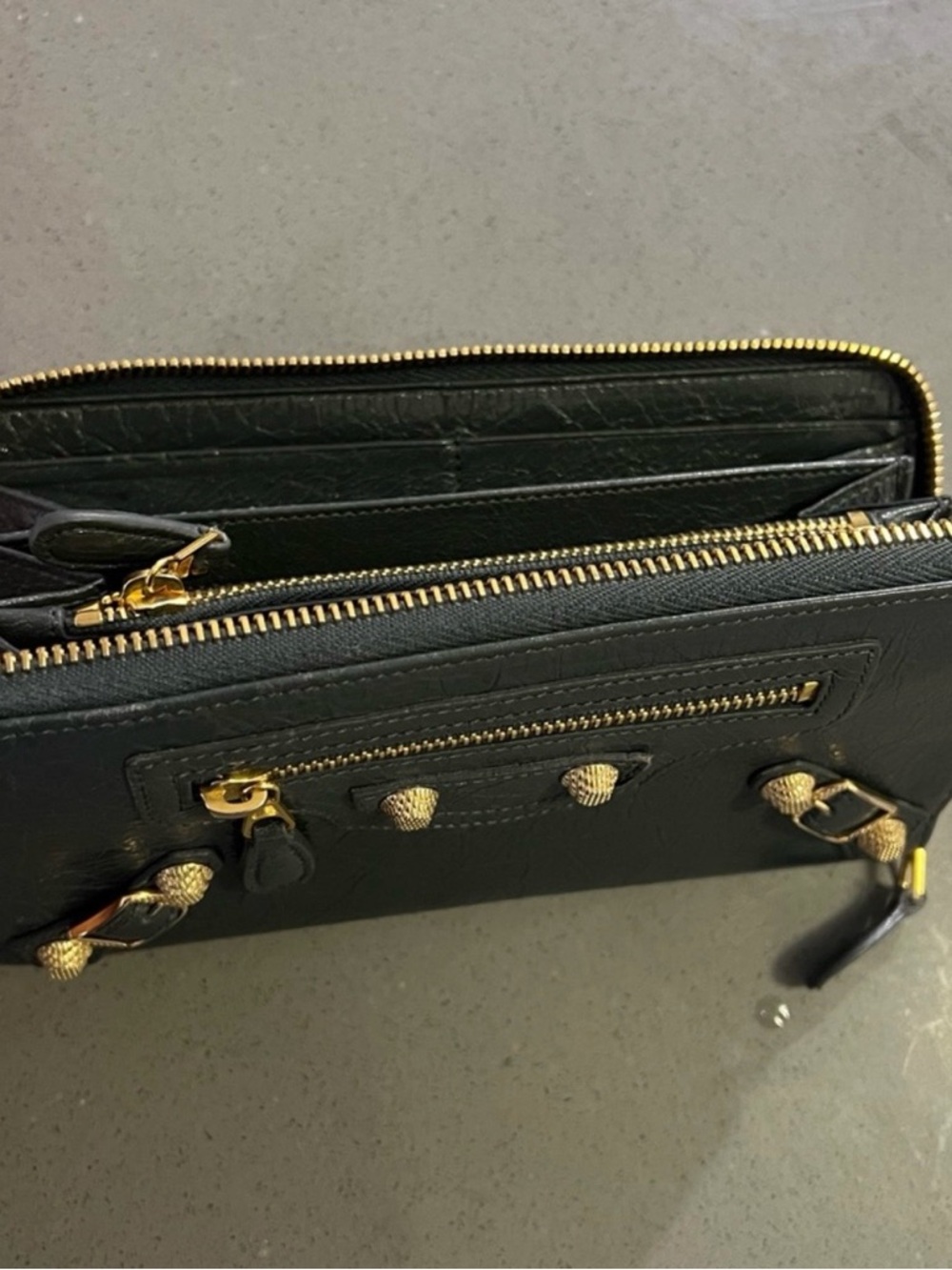 Balenciaga City Moto Black Leather Wallet with Gold Hardware Continental Zipper